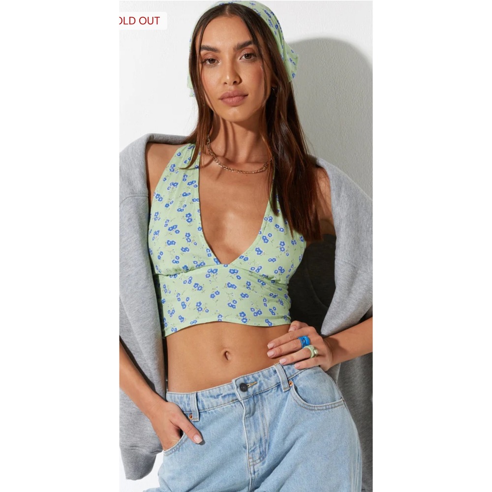 Motel Rocks Nanda Top Lime Floral Halter Plunging Cutout Summer Blouse Large NEW